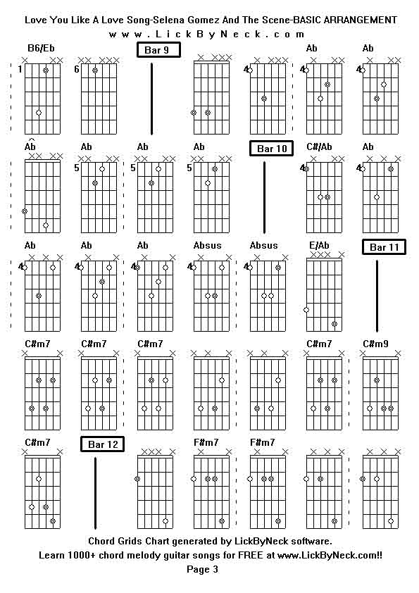 Chord Grids Chart of chord melody fingerstyle guitar song-Love You Like A Love Song-Selena Gomez And The Scene-BASIC ARRANGEMENT,generated by LickByNeck software.